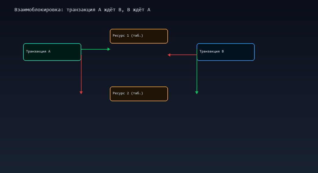 Схема взаимоблокировки: транзакция A ждёт B, B ждёт A