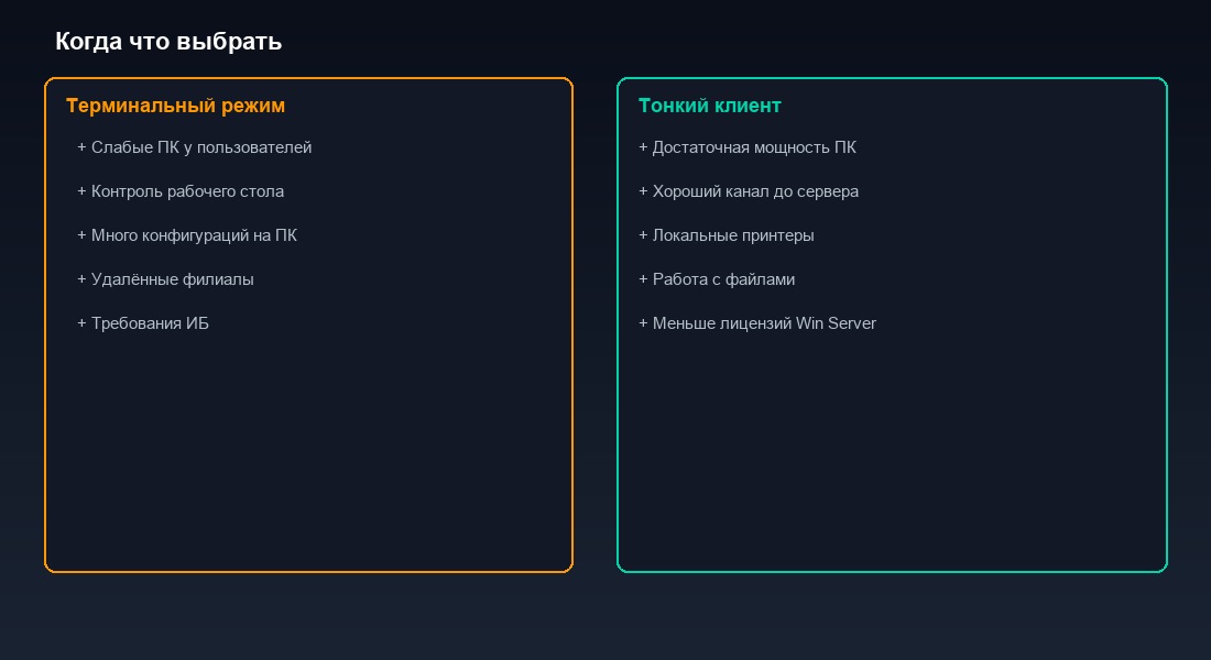 Критерии выбора между терминальным режимом и тонким клиентом 1С