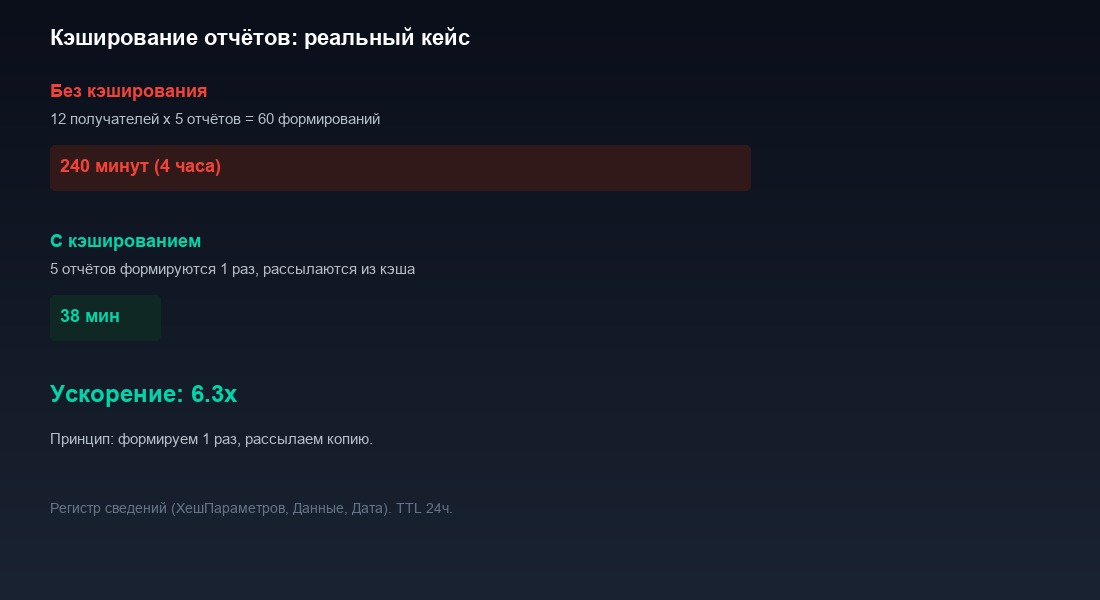 Результат кэширования отчётов: с 4 часов до 38 минут
